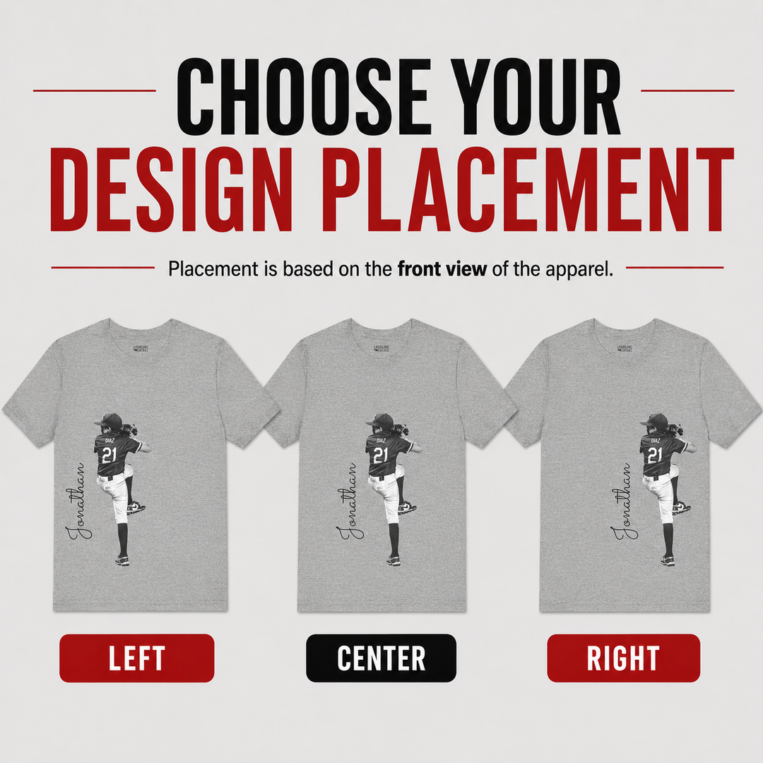 Gray t-shirt with a design of a person wearing a sports uniform, with options to choose design placement on a gray background.