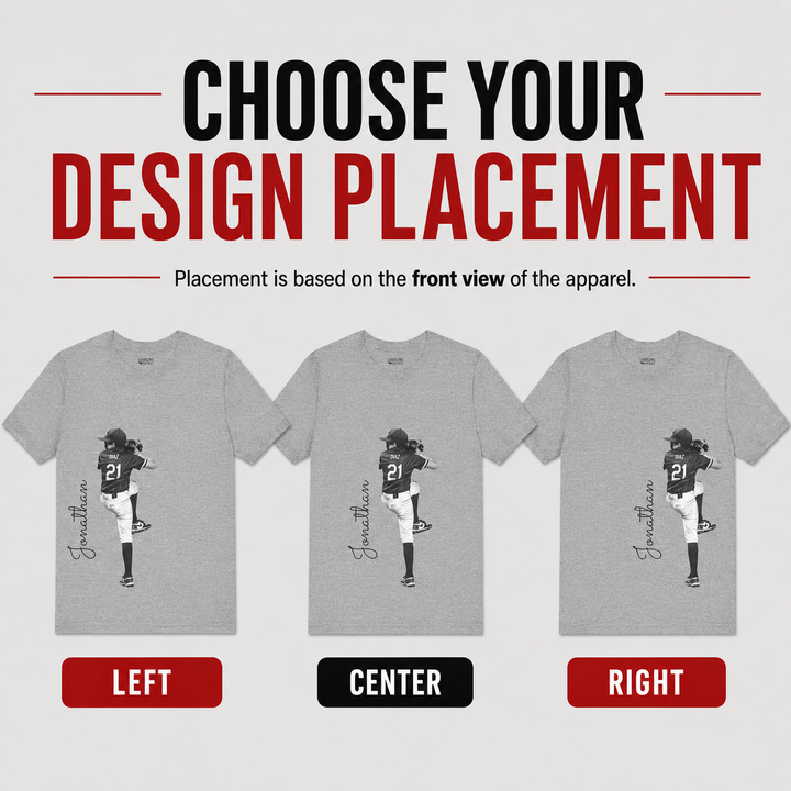 Gray t-shirt with a design of a person wearing a sports uniform, with options to choose design placement on a gray background.