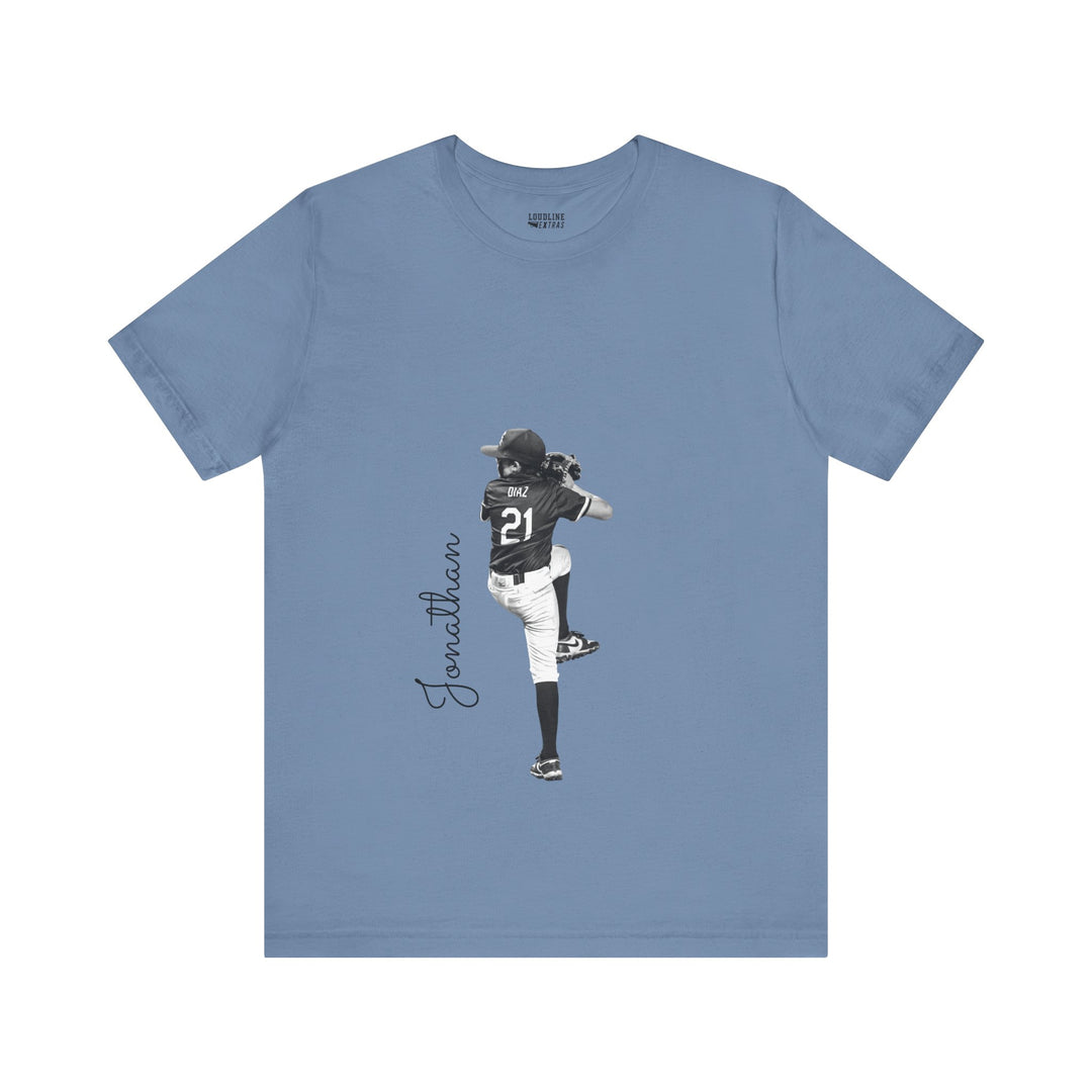 Blue t-shirt with a graphic of a baseball player and text on a white background