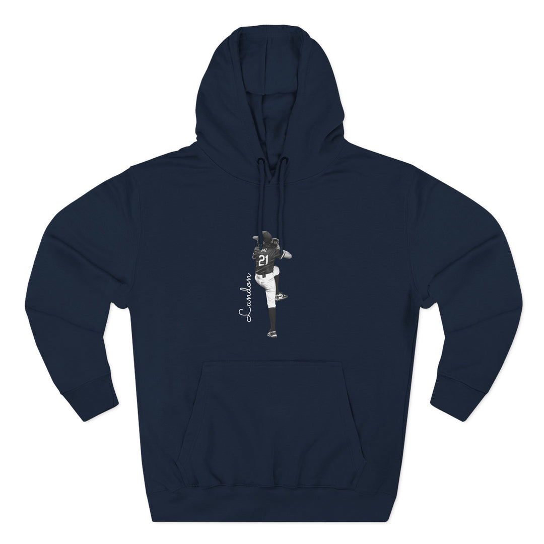 Navy blue hoodie with a logo on the chest against a white background