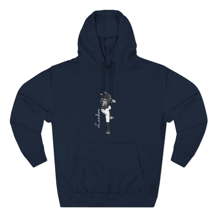 Navy blue hoodie with a logo on the chest against a white background