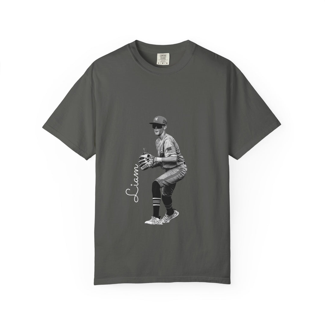 Gray t-shirt with white text on a white background