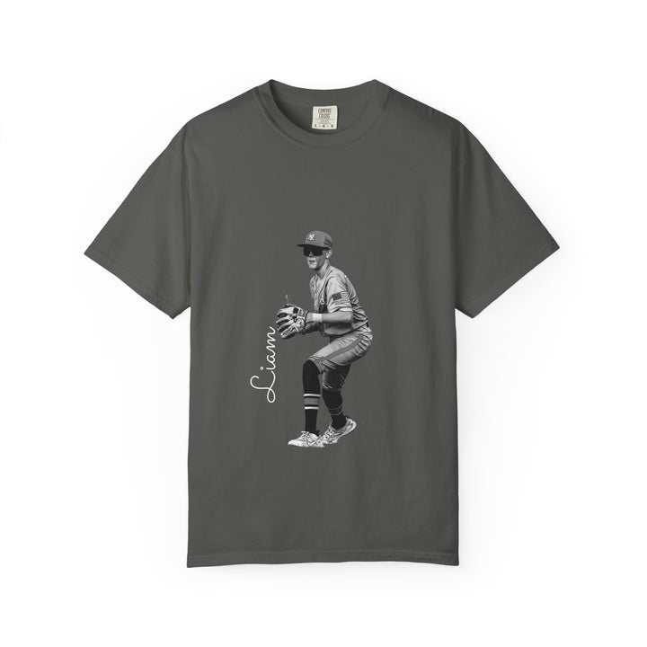Gray t-shirt with white text on a white background