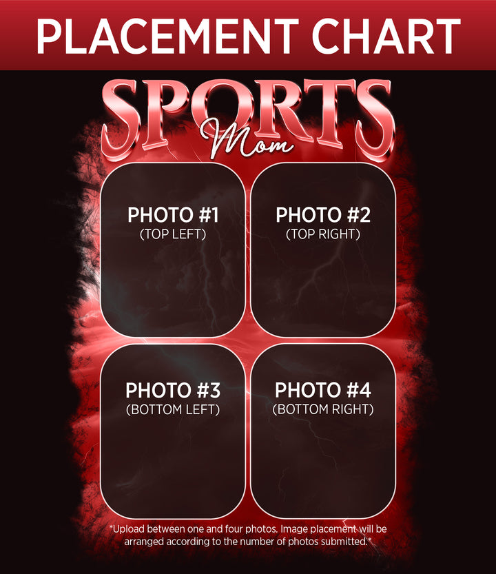 Sports Mom photo placement chart with four photo slots on a red and black background