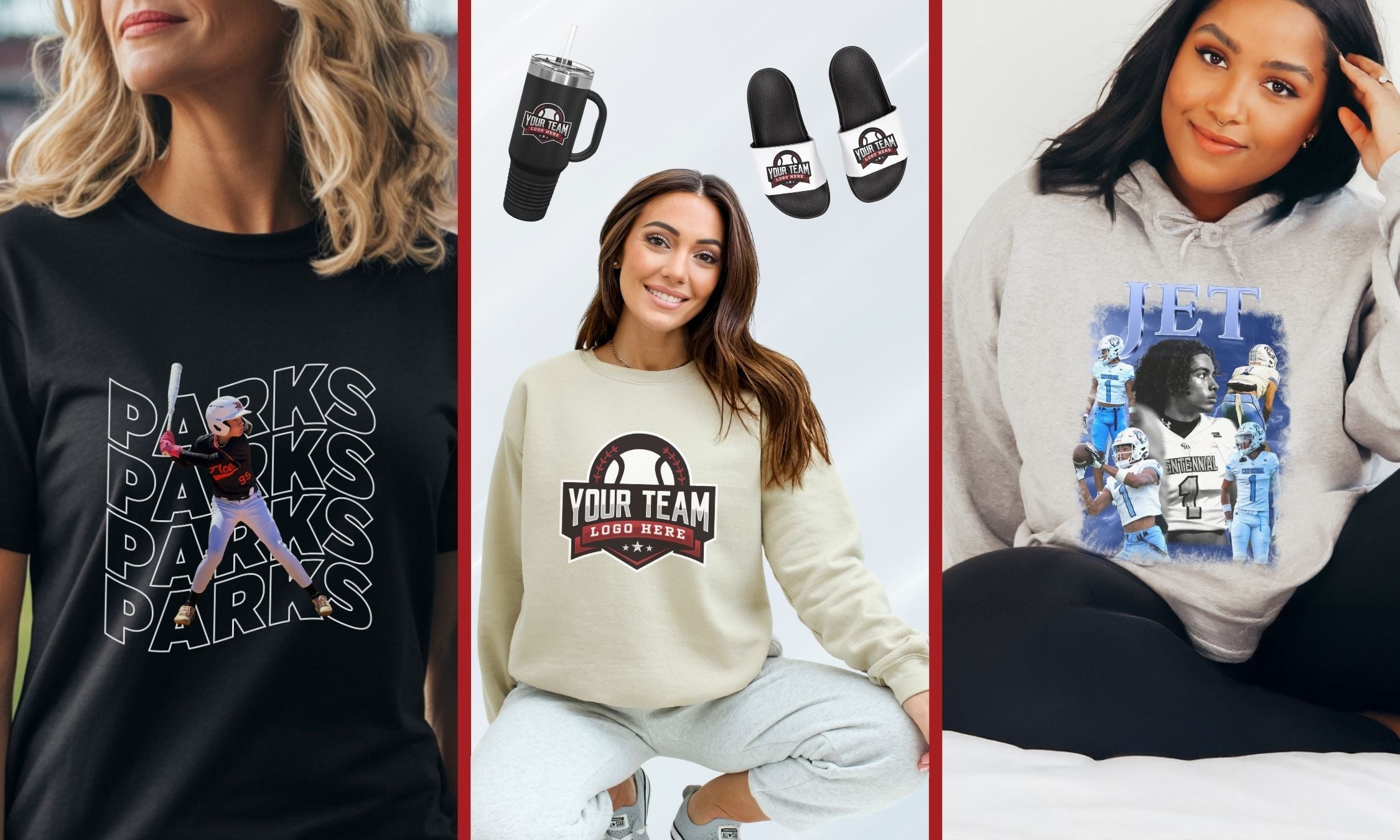 Three women wearing different types of merchandise including a t-shirt, sweatshirt, and hoodie.