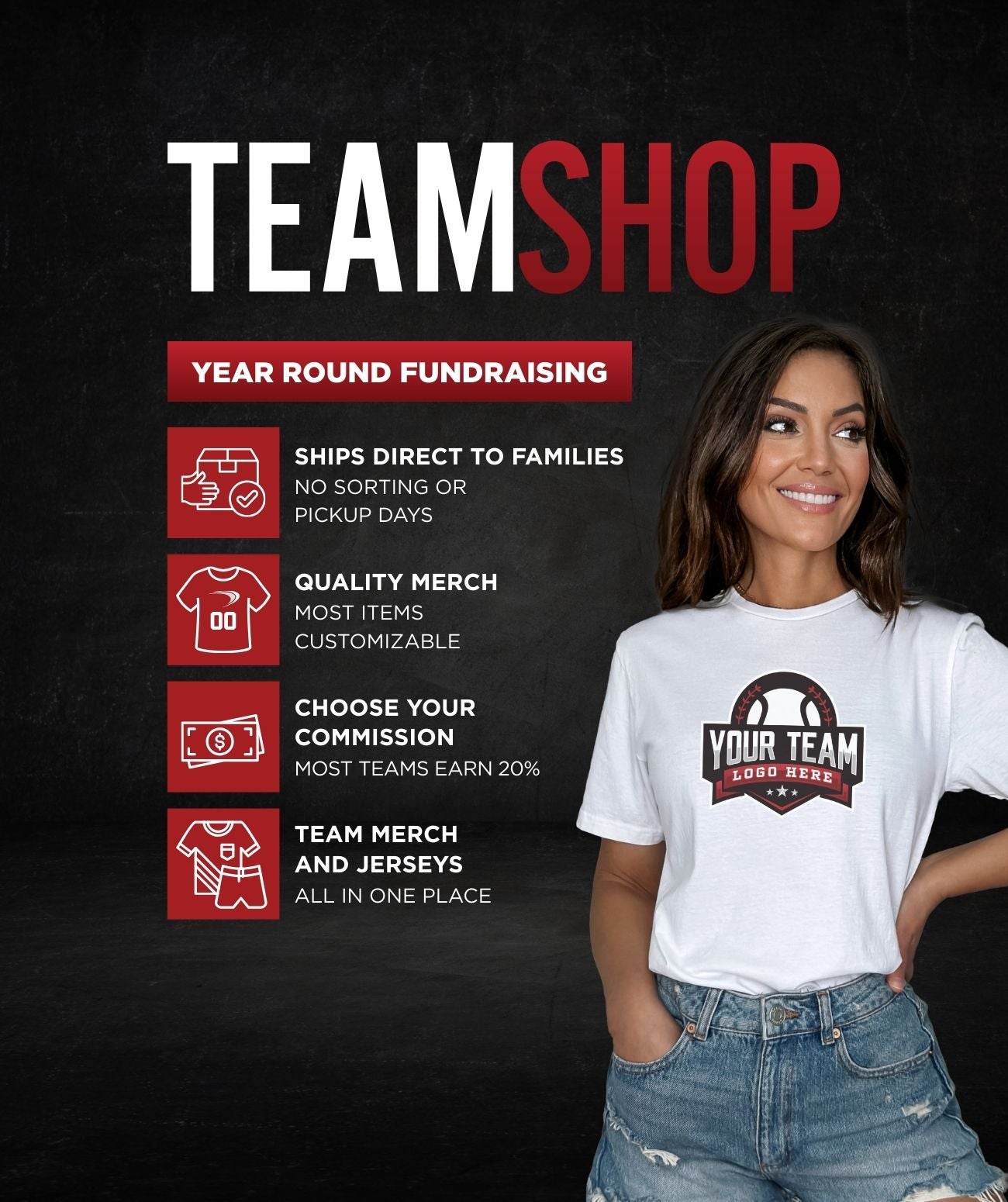 Person wearing a white t-shirt with 'Your Team' logo on a black background with promotional text for Team Shop.