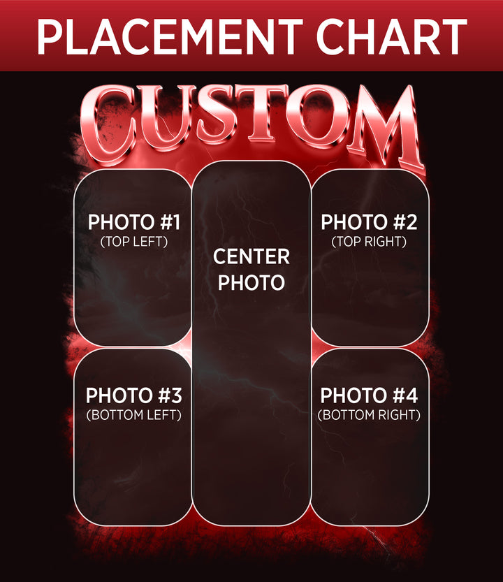 Placement chart for custom photos with a dark background and red accents.