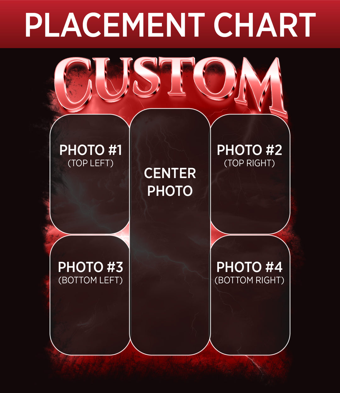 Placement chart for custom photos with a dark background and red accents.