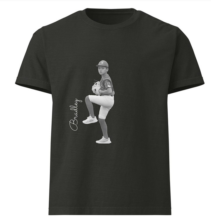 Black t-shirt with a graphic of a baseball player and the name &