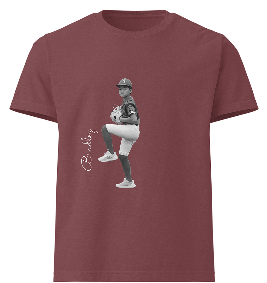 Maroon t-shirt with a graphic of a baseball player and the name &
