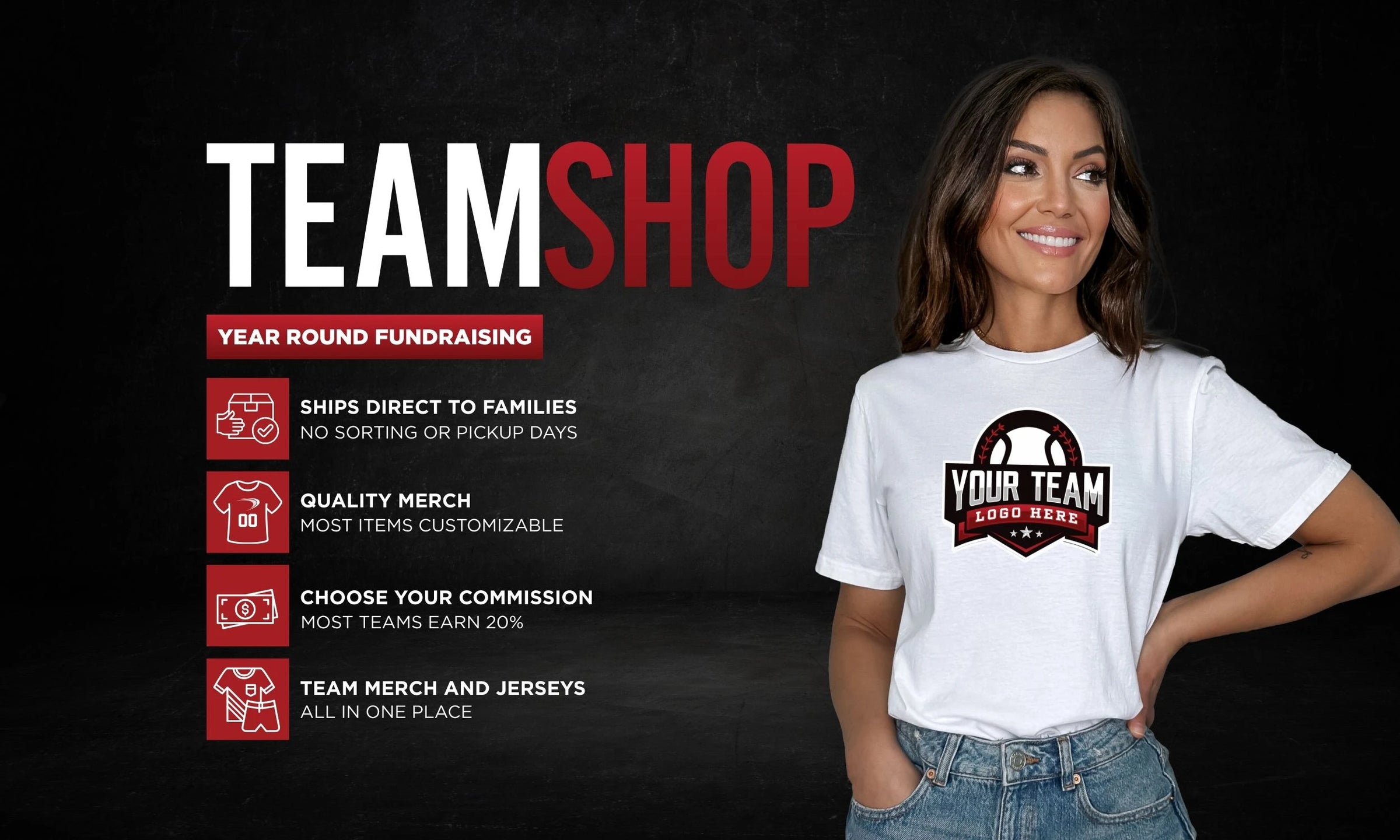 Woman wearing a white t-shirt with a logo, standing in front of a promotional banner for Team Shop.