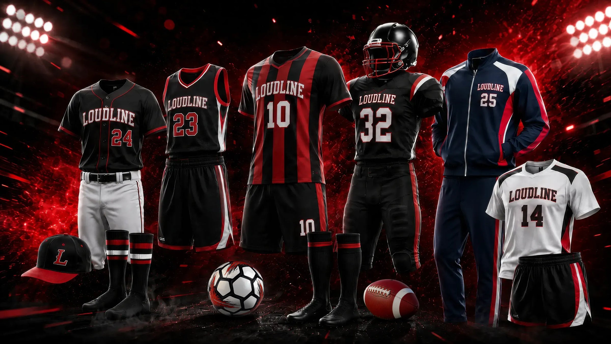 A promotional display of multiple custom athletic uniforms and gear featuring the Loudline branding, including soccer jerseys, football jerseys, a helmet, a track jacket, shorts, a baseball cap, and balls, set against a dark red and black background with stadium lights.