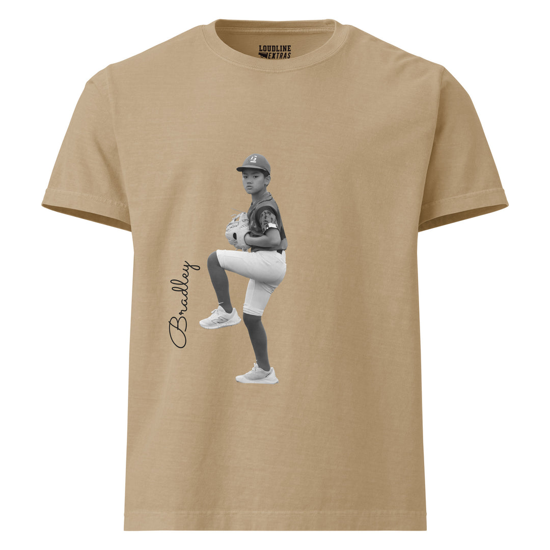 Khaki t-shirt with a graphic of a baseball player and the name &