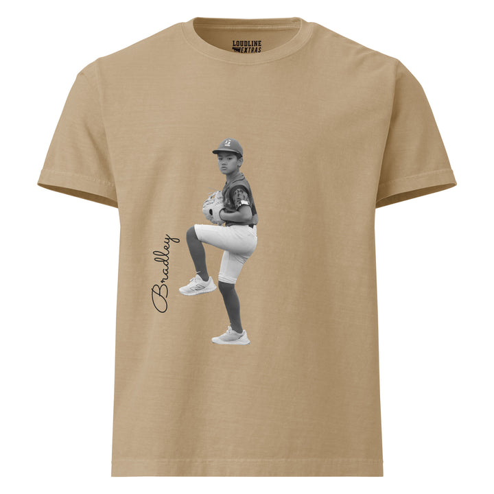 Khaki t-shirt with a graphic of a baseball player and the name &