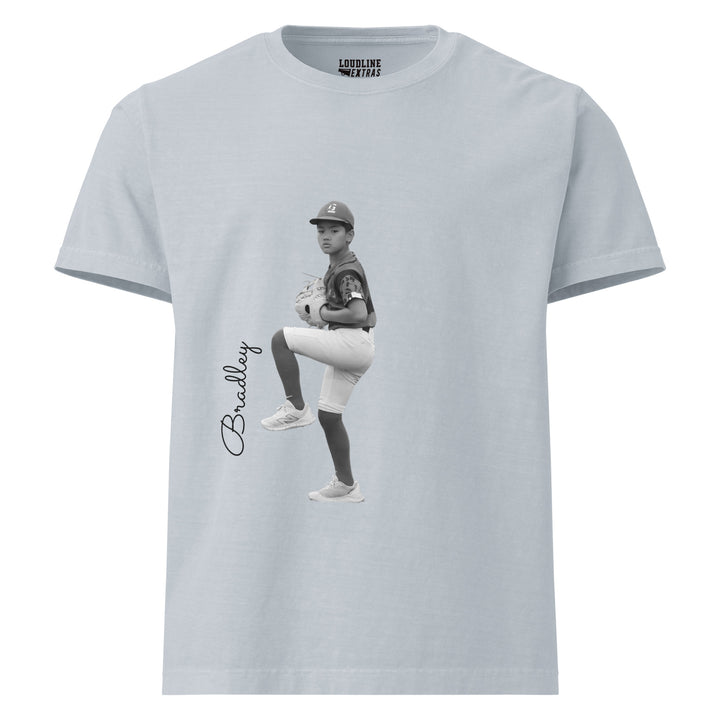 Washed Denim  t-shirt with a graphic of a baseball player and the name &